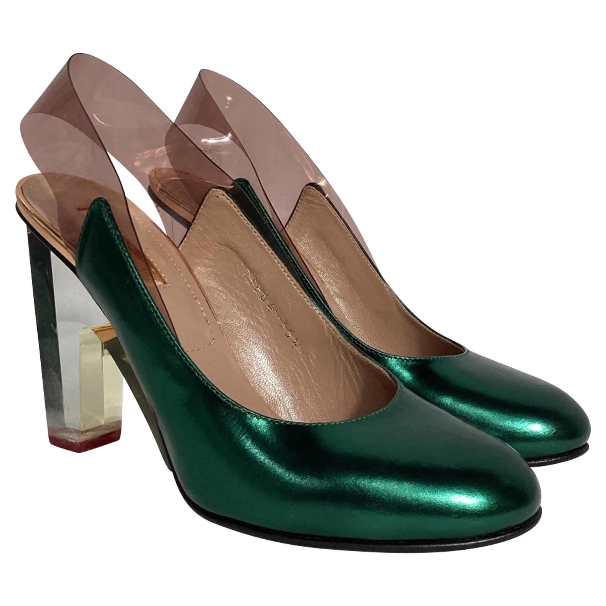 Dries Van Noten Metallic Clear Heel Pumps in Green Leather
