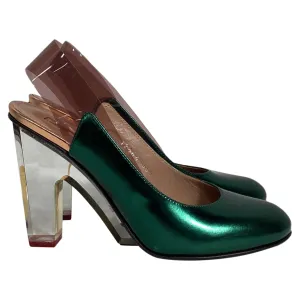 Dries Van Noten Metallic Clear Heel Pumps in Green Leather