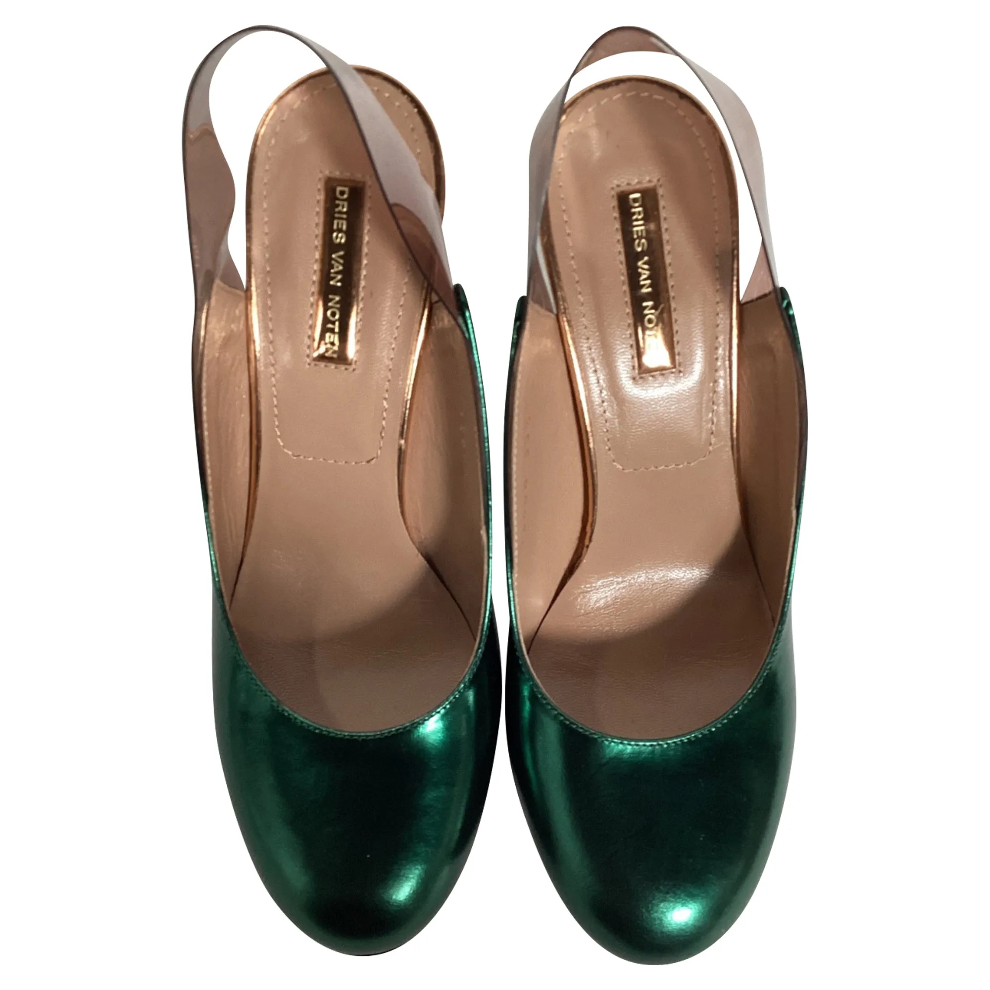 Dries Van Noten Metallic Clear Heel Pumps in Green Leather