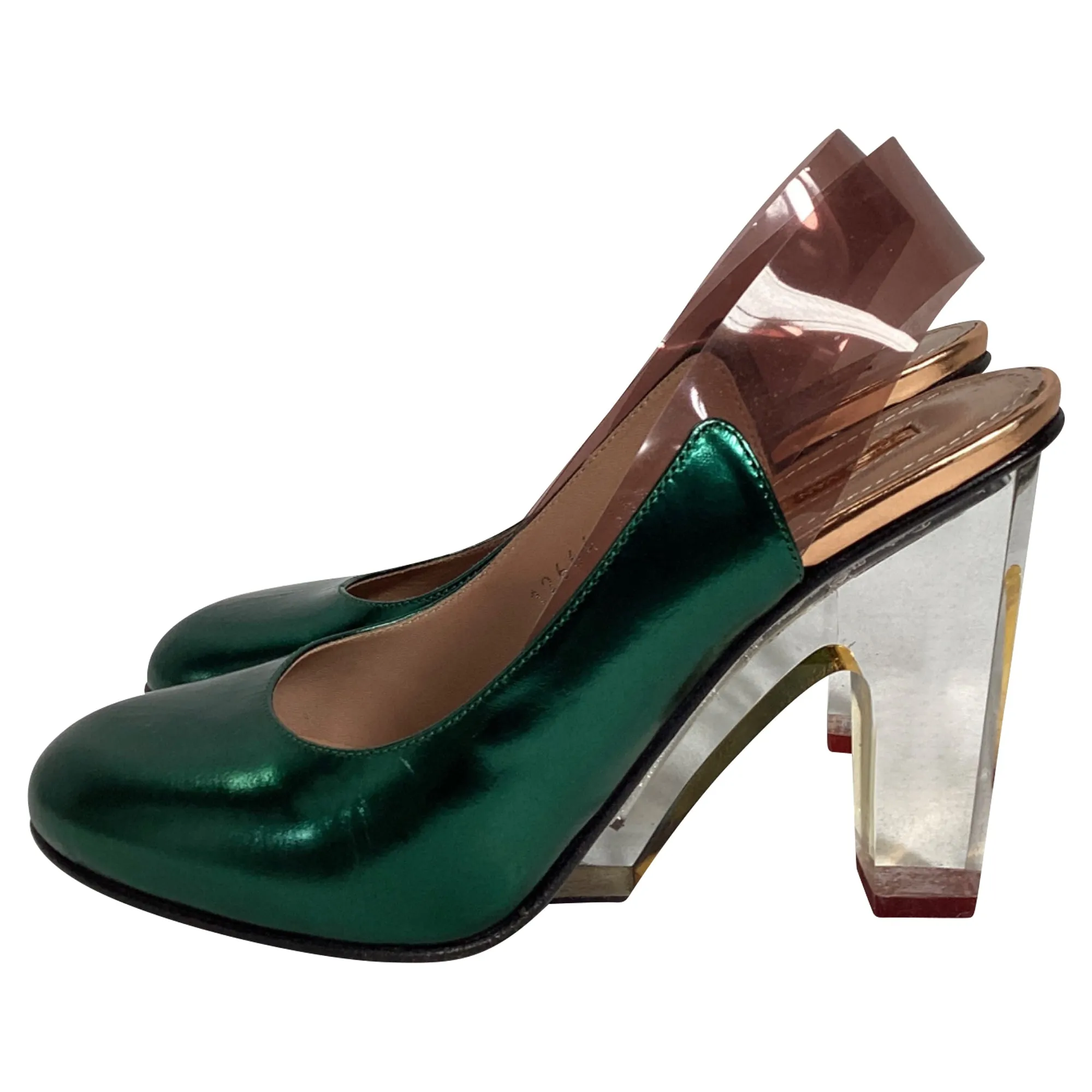 Dries Van Noten Metallic Clear Heel Pumps in Green Leather