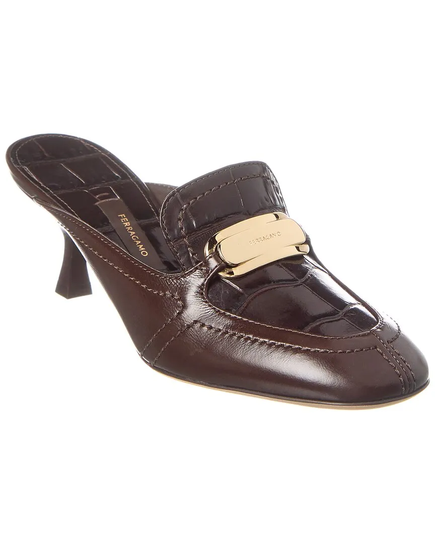 Ferragamo New Vara Croc-Embossed Leather Mule
