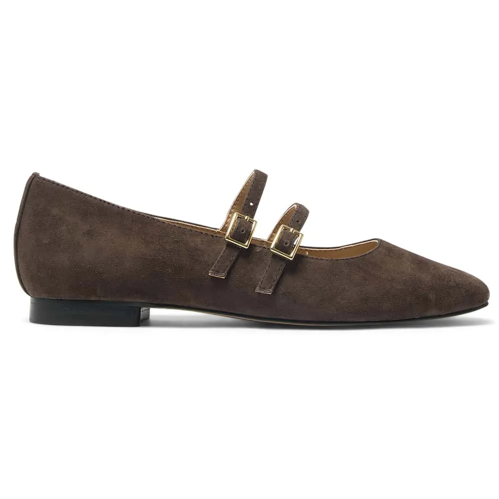 Freda Flat in Chocolate Suede Leather