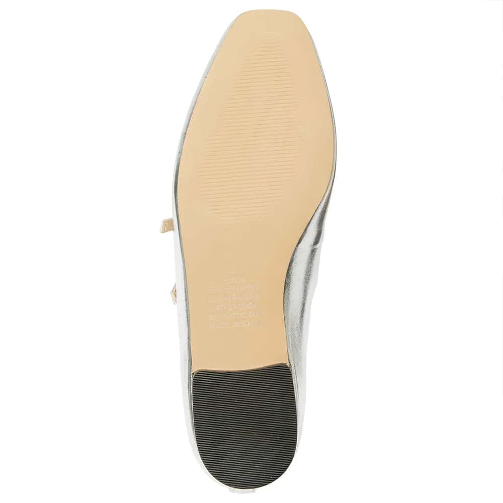 Freda Flat in Silver Metallic Leather