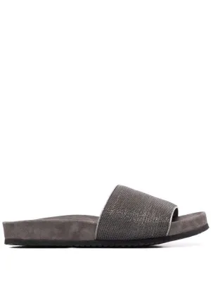 Grey Suede Slide Sandals With Monile Detail
