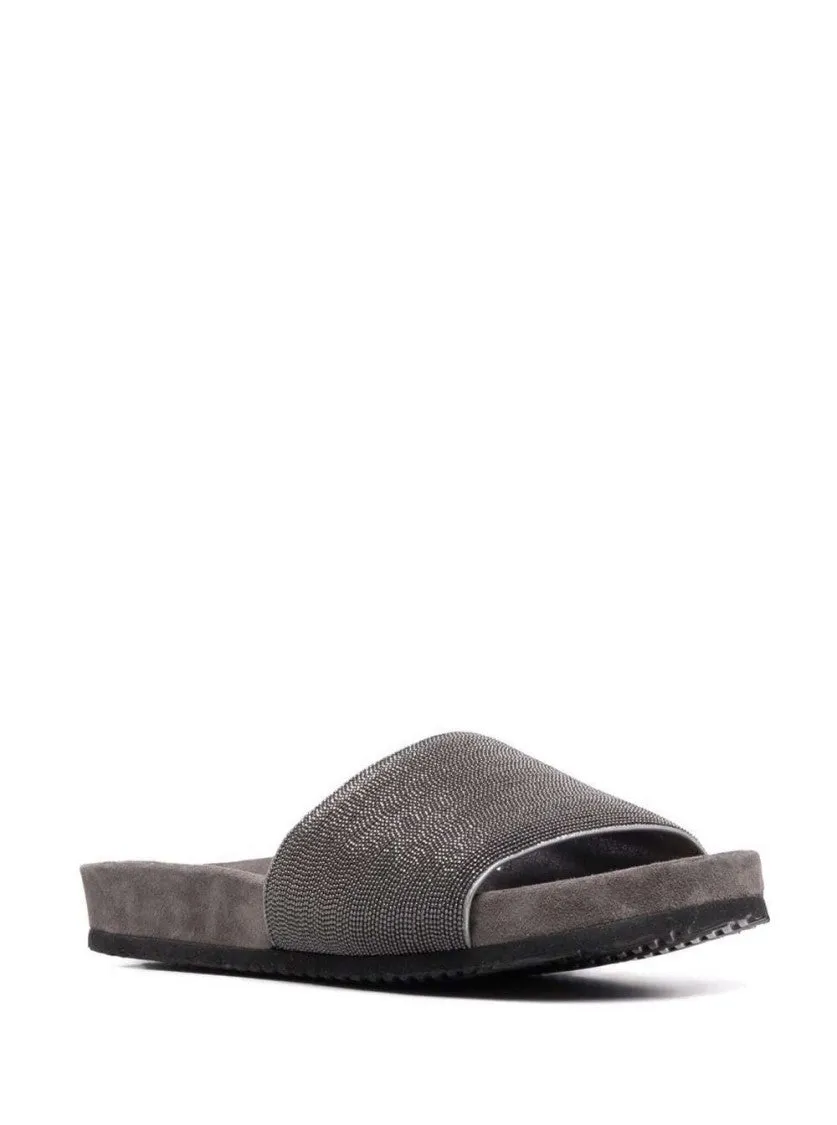 Grey Suede Slide Sandals With Monile Detail