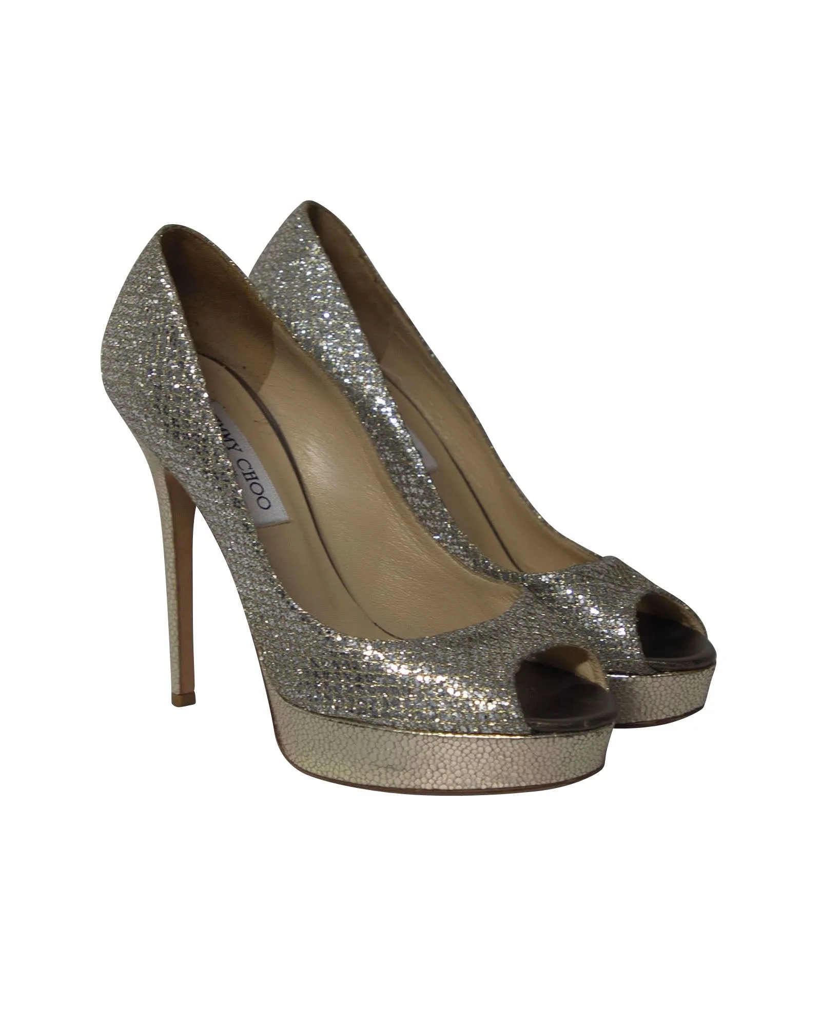 Jimmy Choo Dahlia Platform Peep Toe Pumps in Silver Glitter