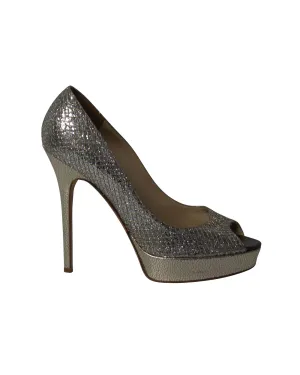 Jimmy Choo Dahlia Platform Peep Toe Pumps in Silver Glitter