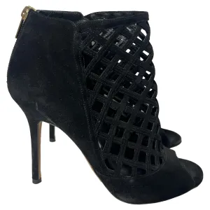 Jimmy Choo Laser Cut Peep-Toe Boots in Black Suede