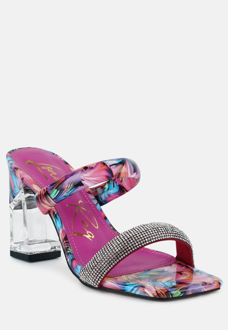 krypton clear block heeled marble print slides