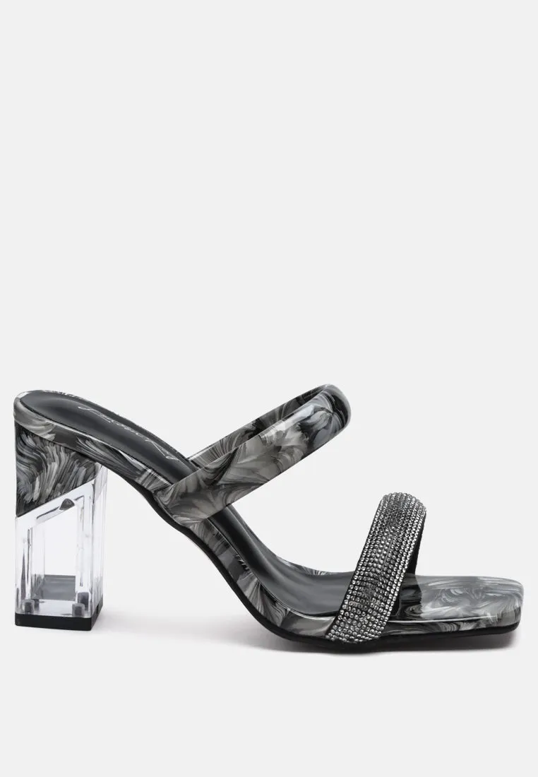 krypton clear block heeled marble print slides
