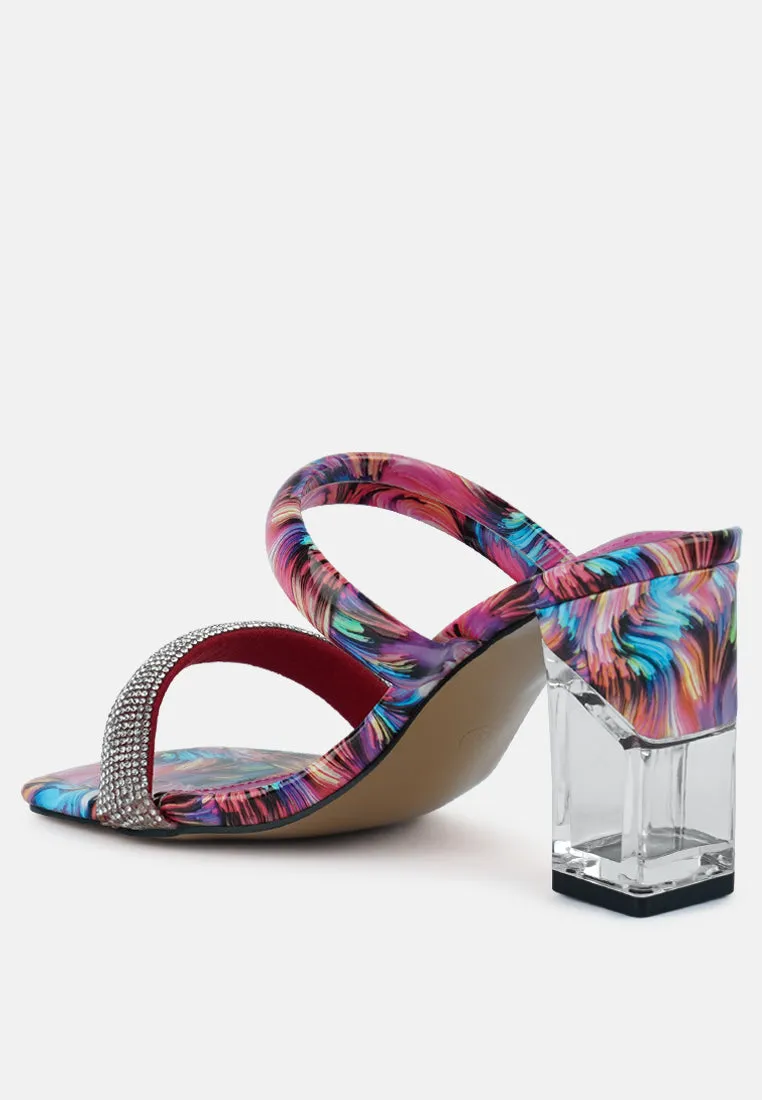 krypton clear block heeled marble print slides