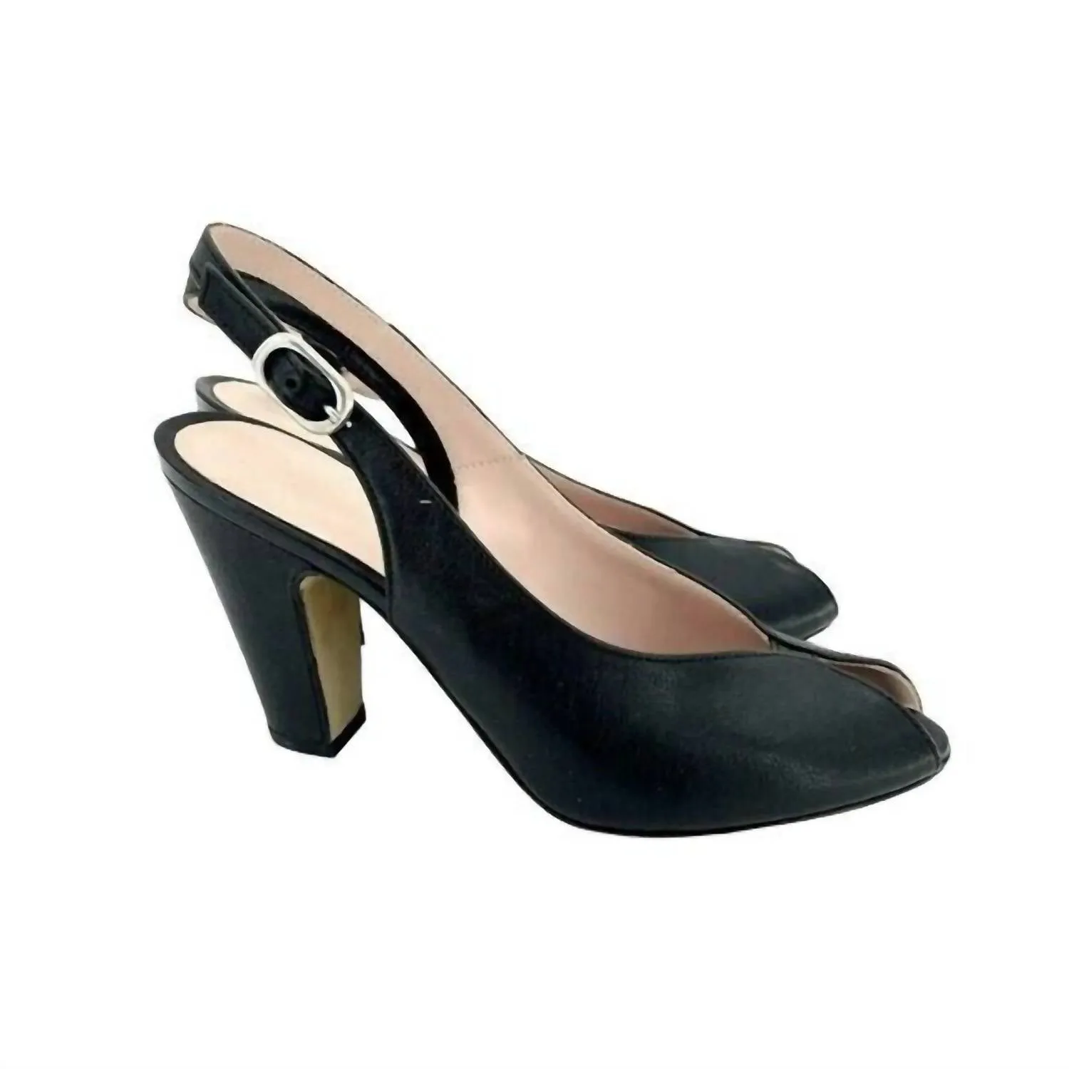 Leather Peep Toe Slingback Pumps In Black