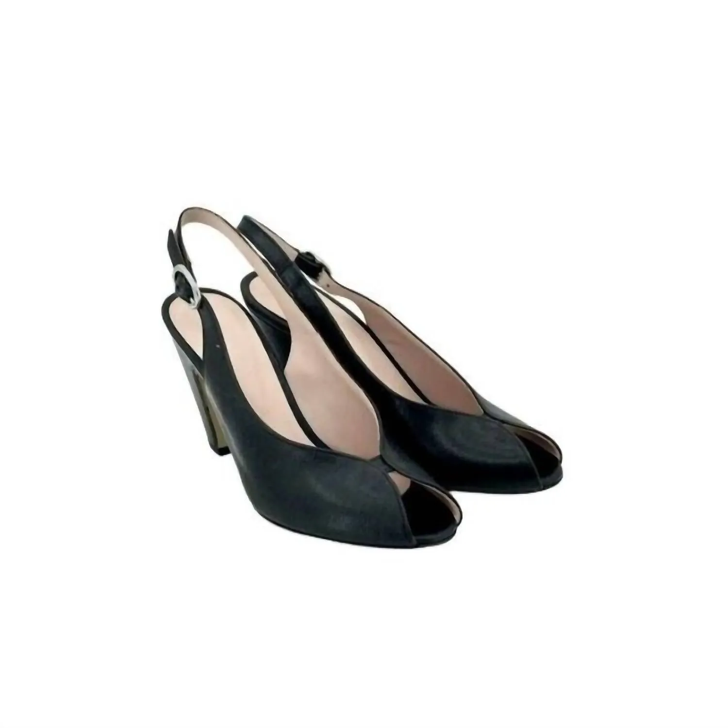Leather Peep Toe Slingback Pumps In Black