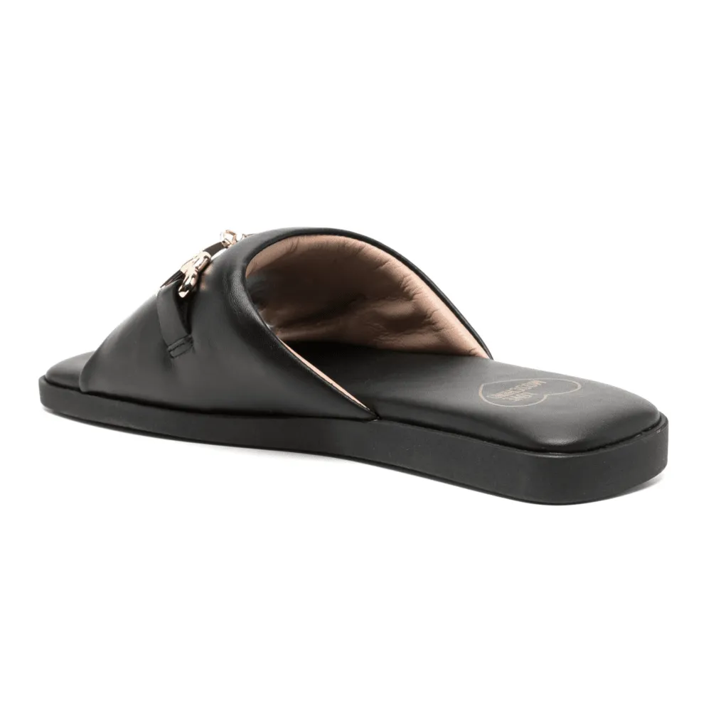 Love Moschino Women's Leather Slides with Heart Chain, Black