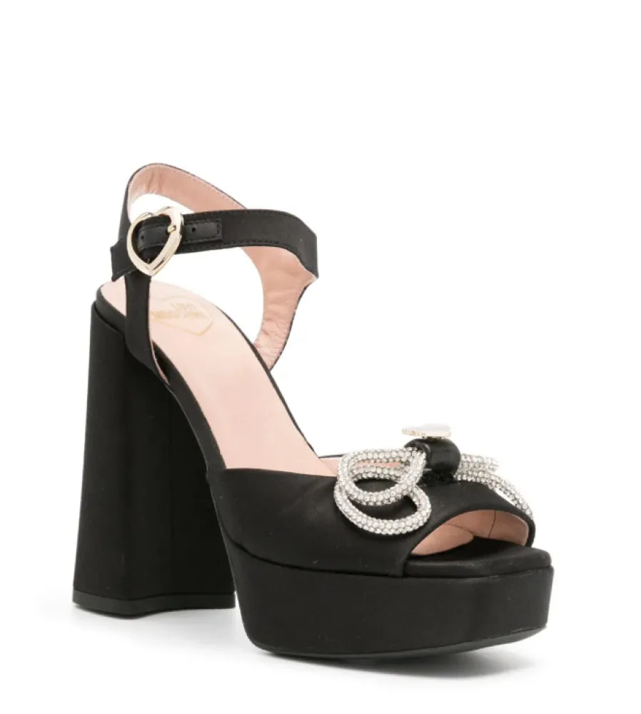 Love Moschino Women's Satin Rhinestone Bow Block Heel Sandals 000-Black