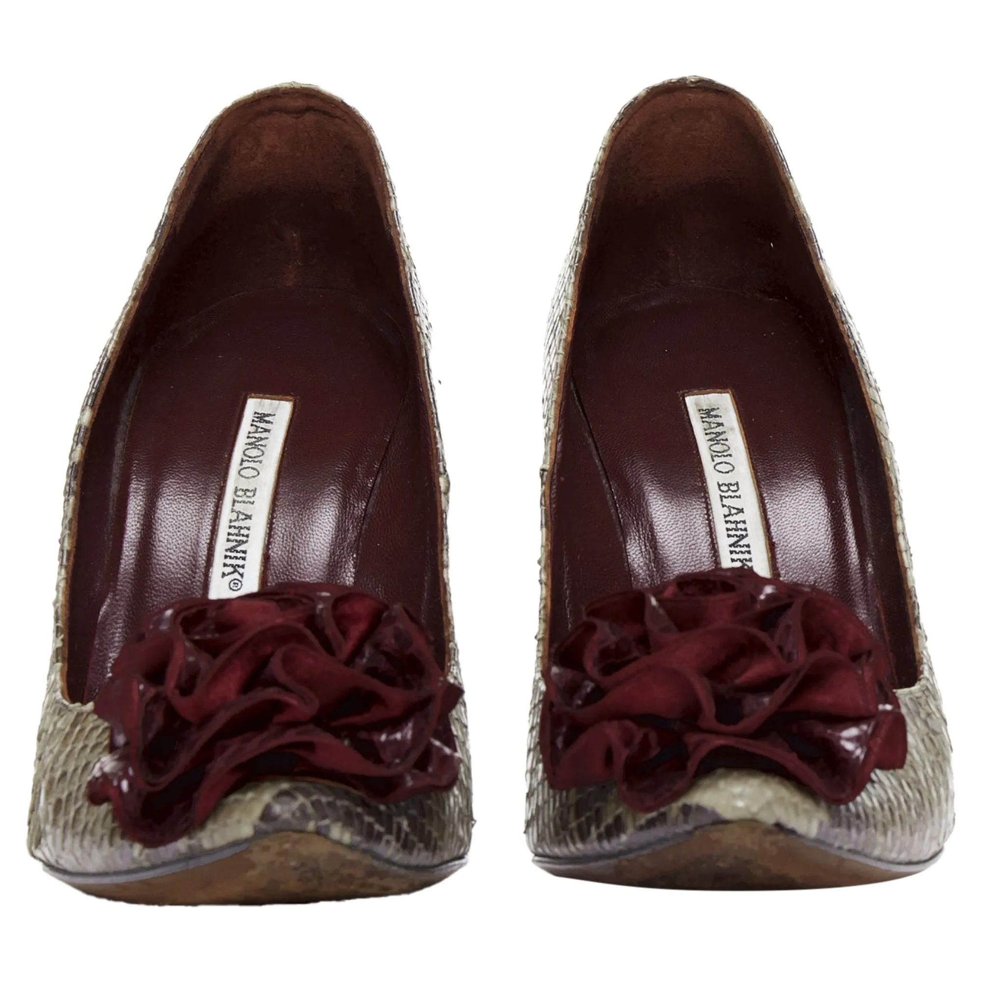 Manolo Blahnik Scaled Leather Rose Applique Pumps