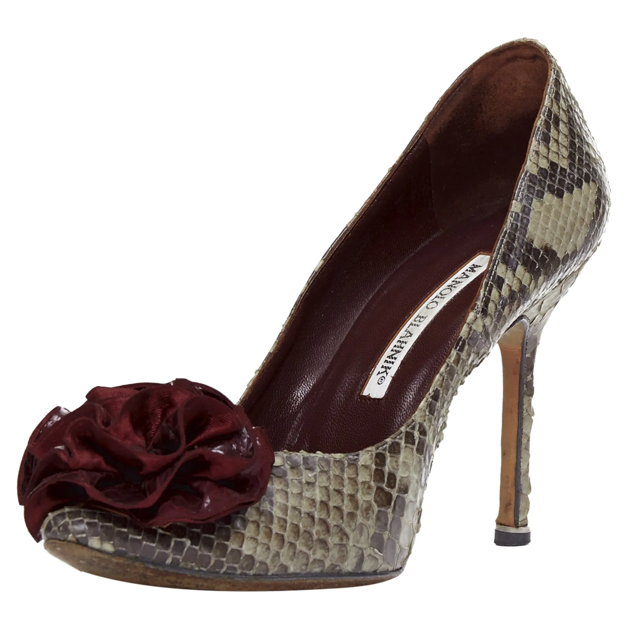Manolo Blahnik Scaled Leather Rose Applique Pumps