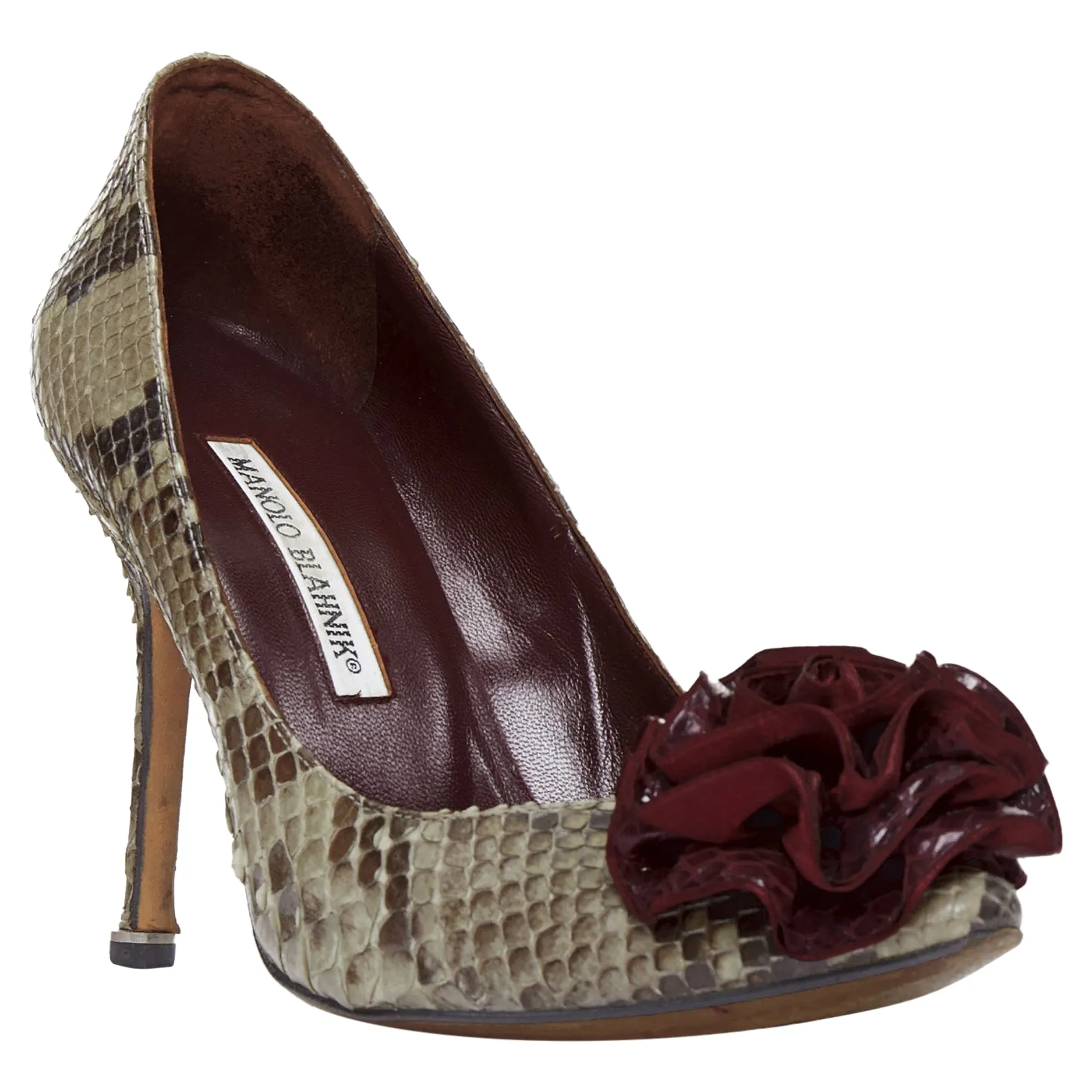 Manolo Blahnik Scaled Leather Rose Applique Pumps