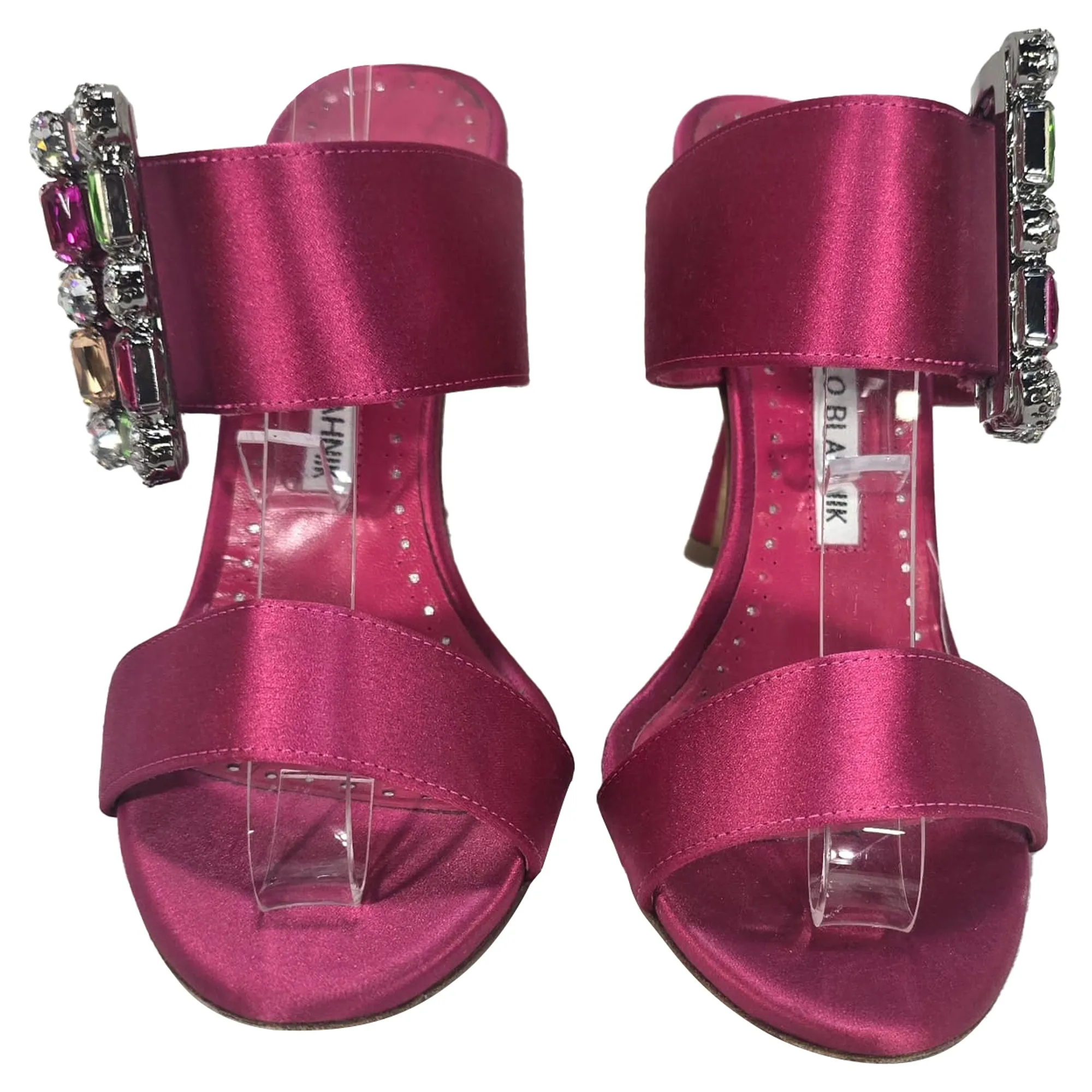 Manolo Blahnik Verda Embellished Slip-On Heeled Sandals in Pink Satin