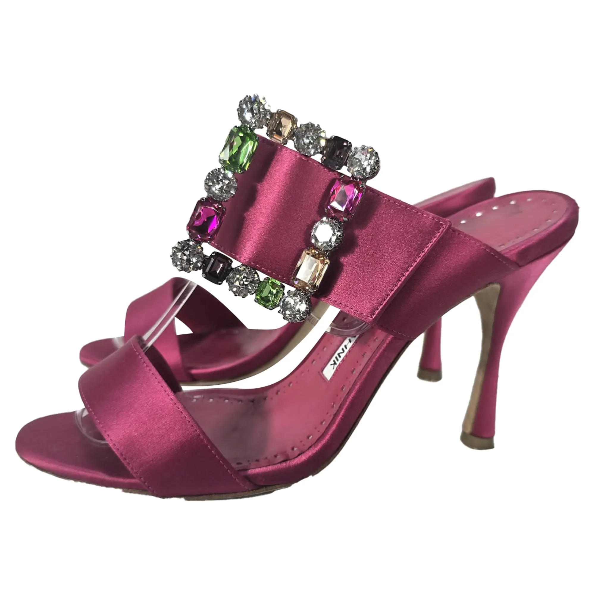 Manolo Blahnik Verda Embellished Slip-On Heeled Sandals in Pink Satin