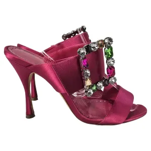 Manolo Blahnik Verda Embellished Slip-On Heeled Sandals in Pink Satin