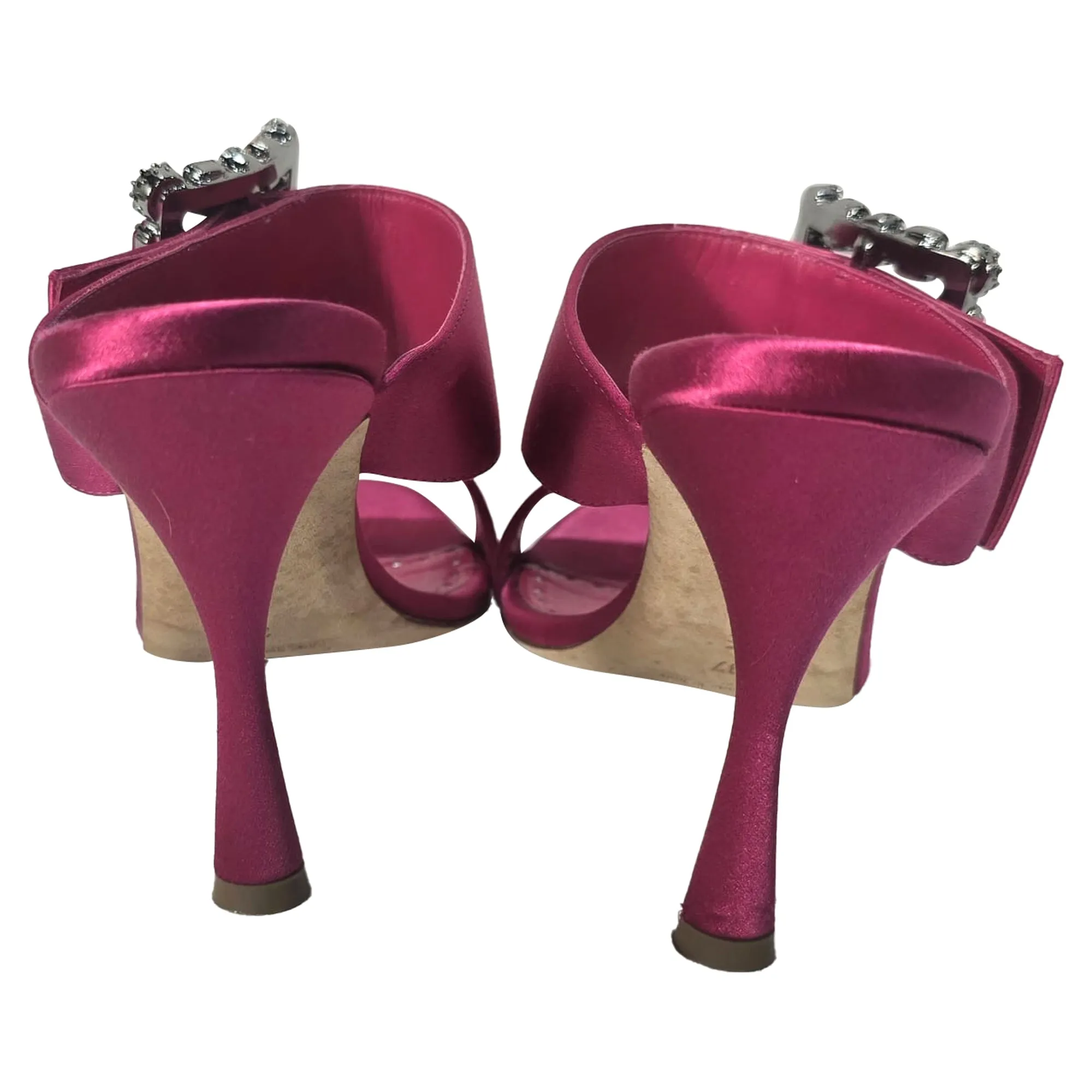 Manolo Blahnik Verda Embellished Slip-On Heeled Sandals in Pink Satin