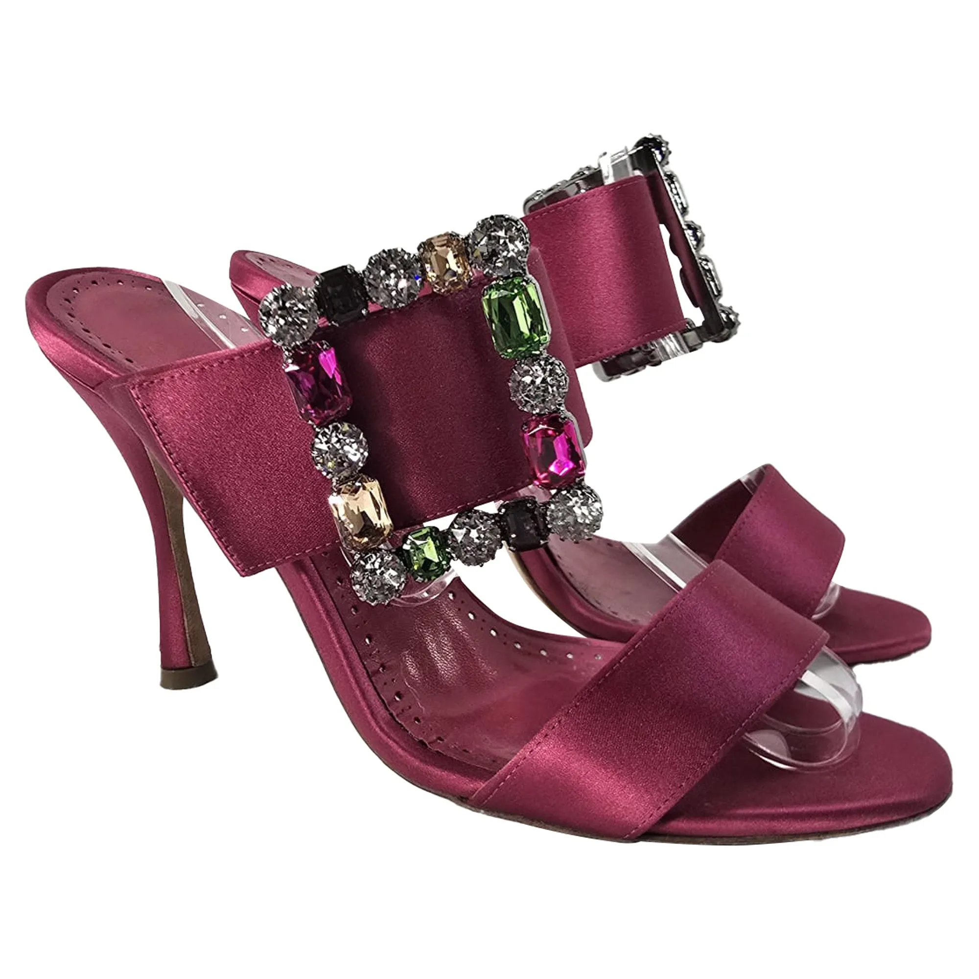 Manolo Blahnik Verda Embellished Slip-On Heeled Sandals in Pink Satin