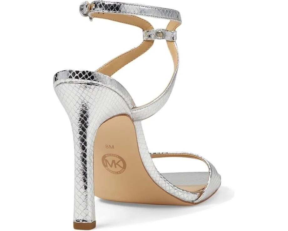 Michael Kors Amara Sandals Women's US 7.5 Silver Leather Stiletto Heel ZPO894