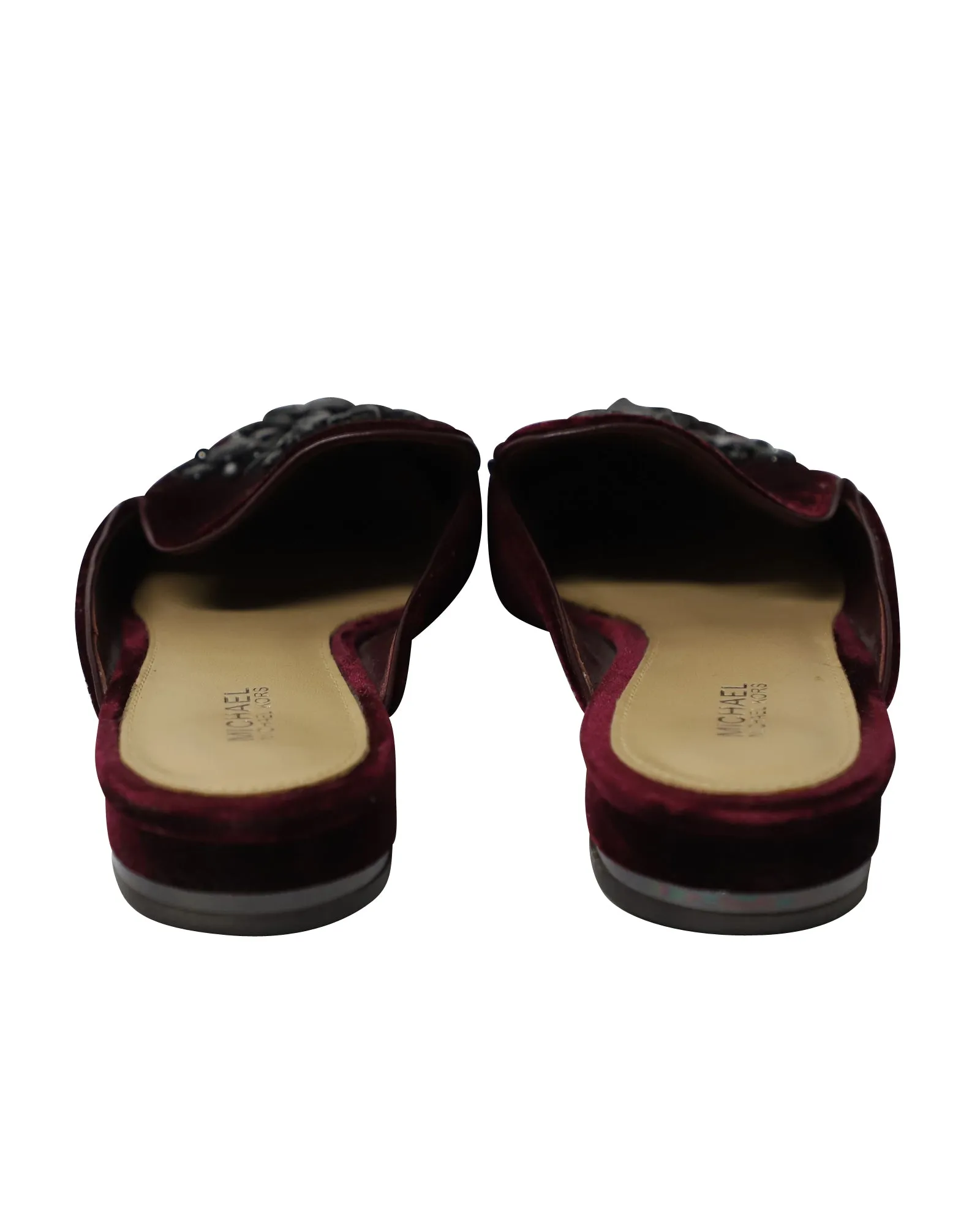 Michael Kors Crystal-Embellished Slip-On Flat Mules in Burgundy Velvet