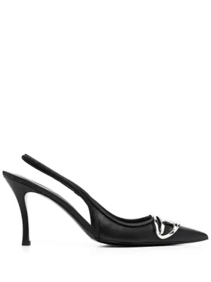 Pointed Toe Slingback Heels With Metallic Buckle Detail