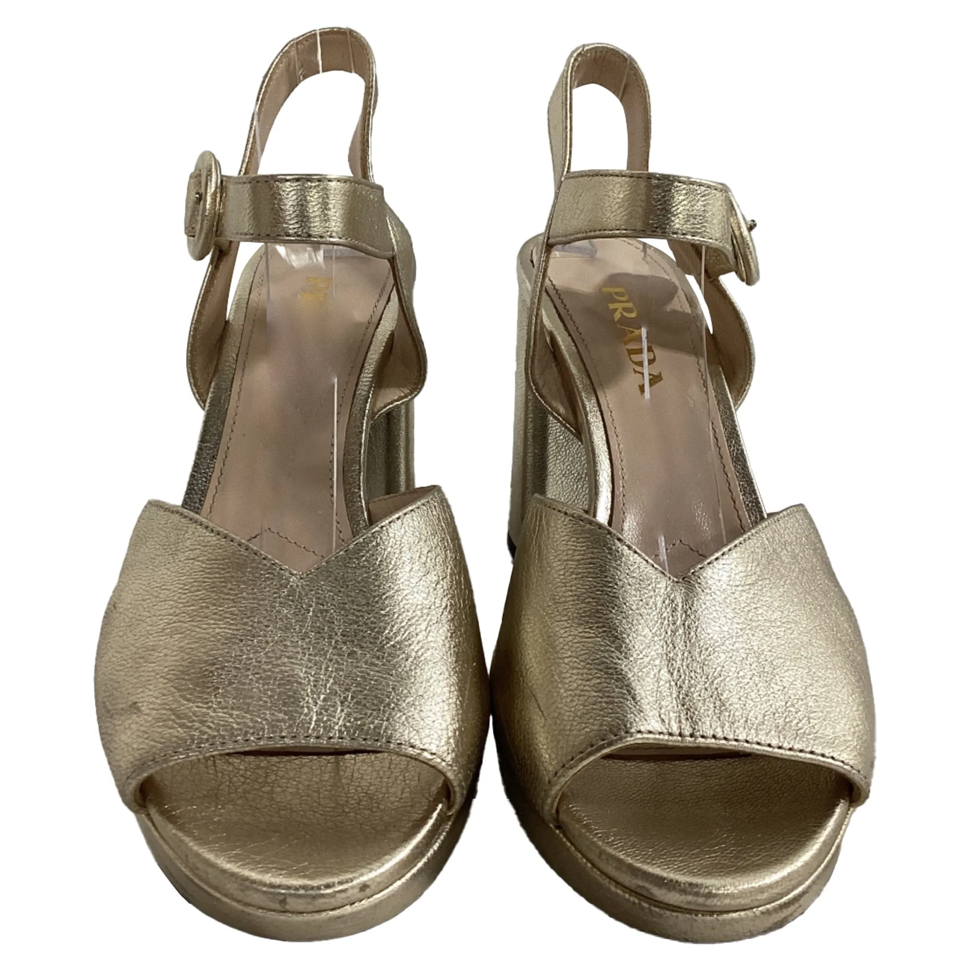 Prada Ankle Strap Platform Sandal Heels in Gold Leather