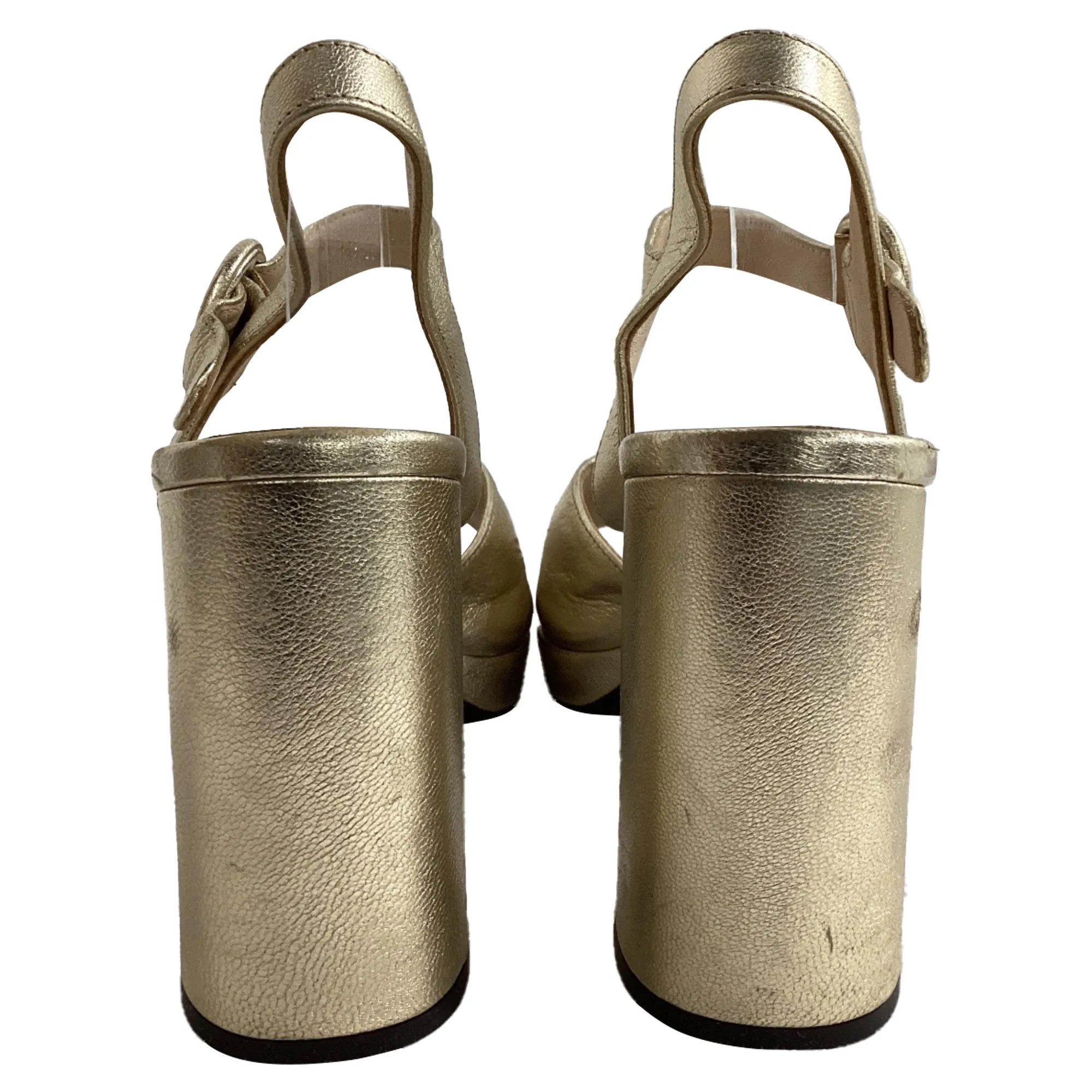 Prada Ankle Strap Platform Sandal Heels in Gold Leather