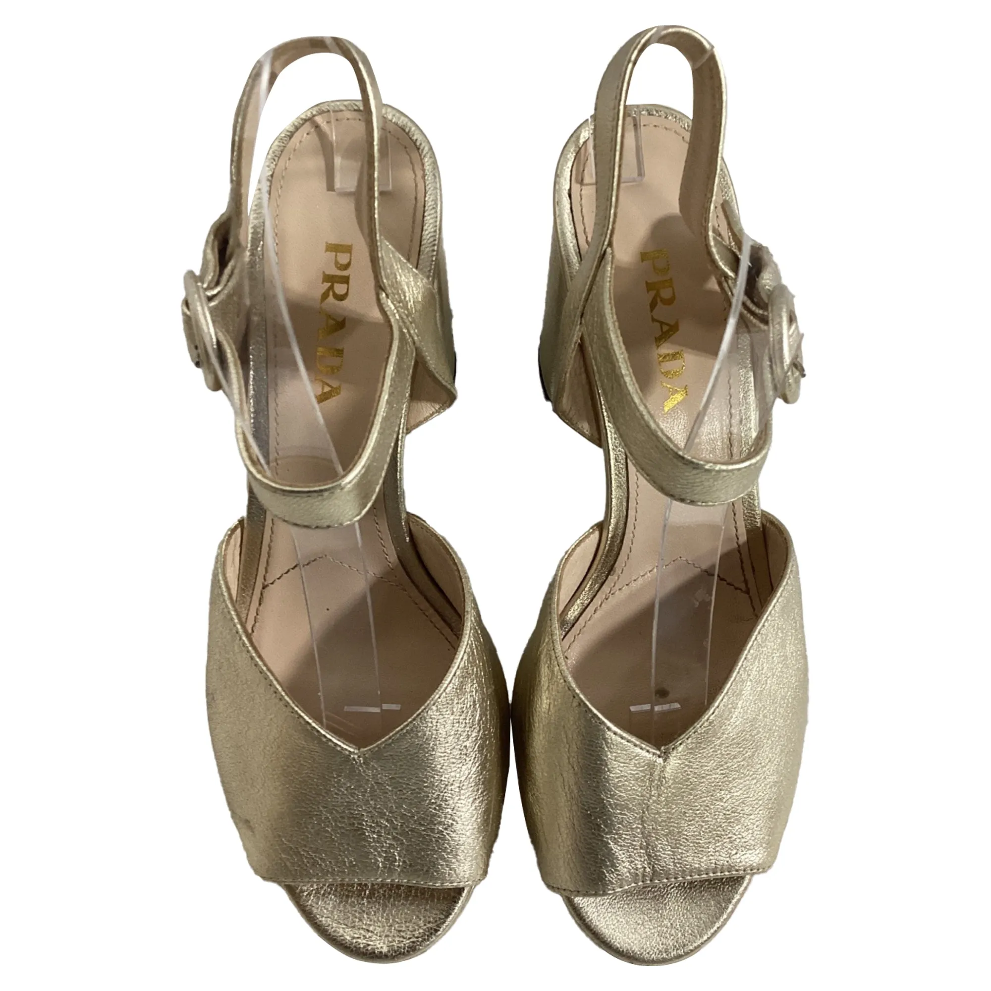 Prada Ankle Strap Platform Sandal Heels in Gold Leather