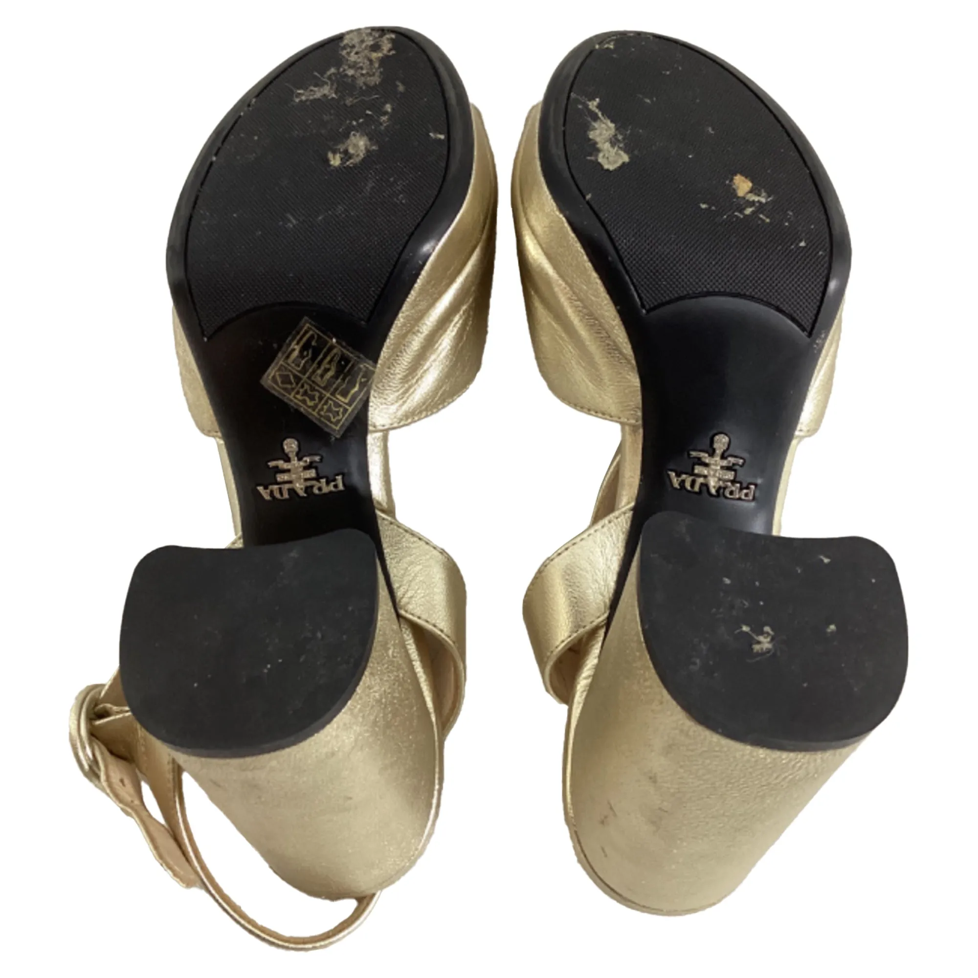Prada Ankle Strap Platform Sandal Heels in Gold Leather