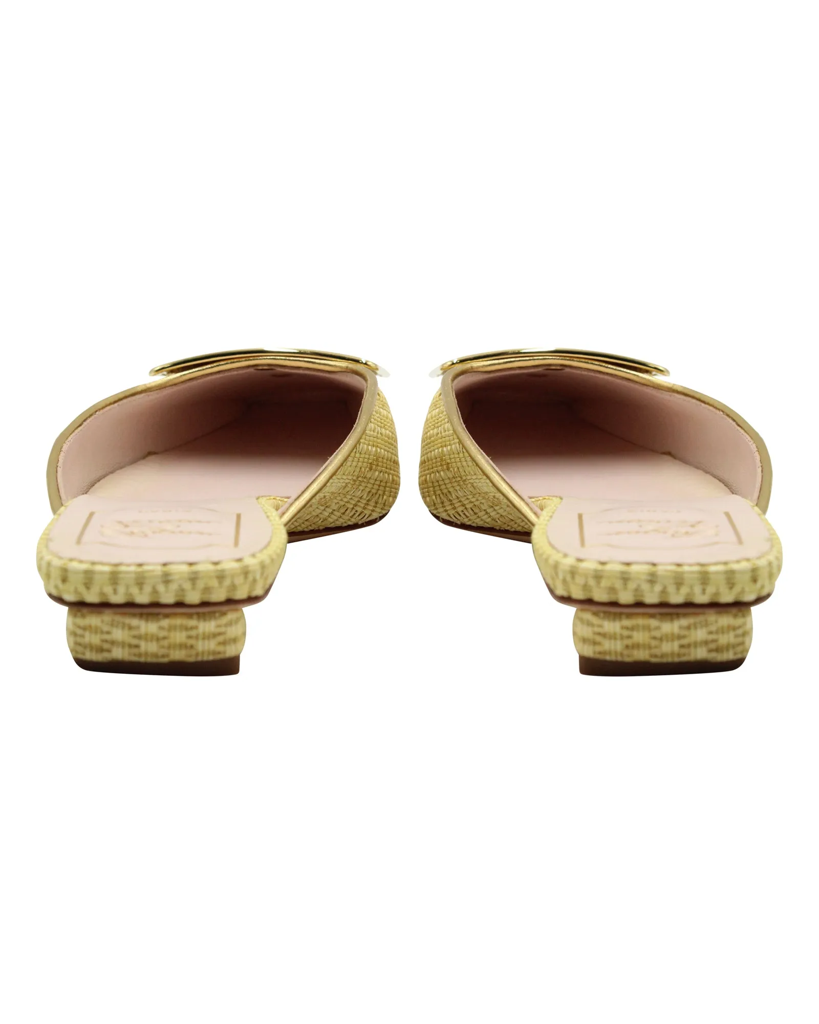 Roger Vivier Belle Vivier Gold Buckle Mules in Yellow Tweed