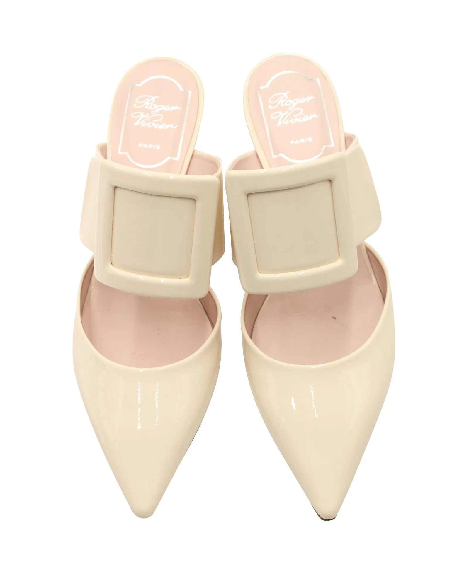 Roger Vivier Viv' In The City Mules in Off-White Patent Leather