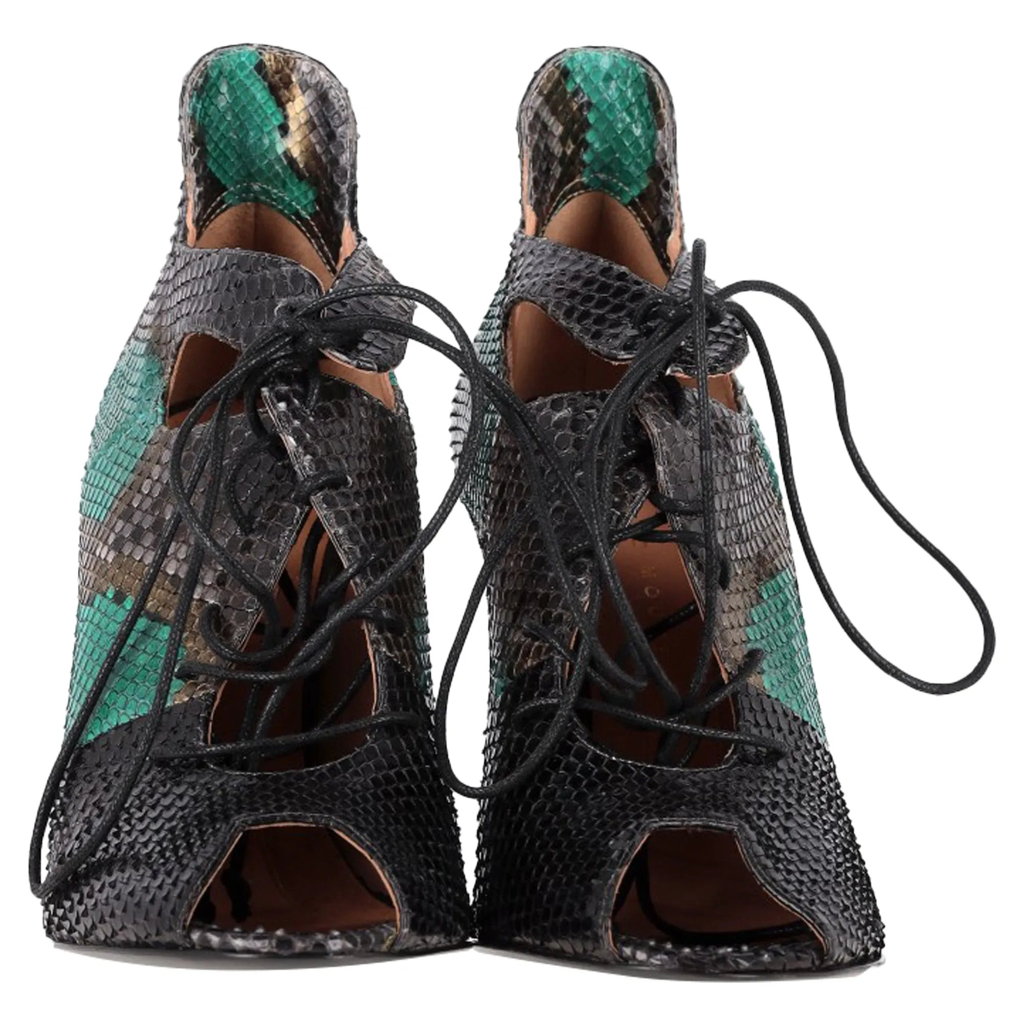 Roland Mouret Snake Print Lace Up Sandals in Green Leather