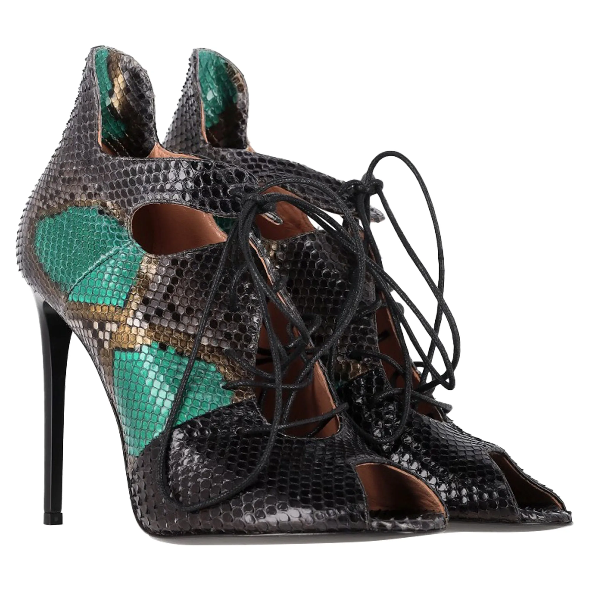 Roland Mouret Snake Print Lace Up Sandals in Green Leather