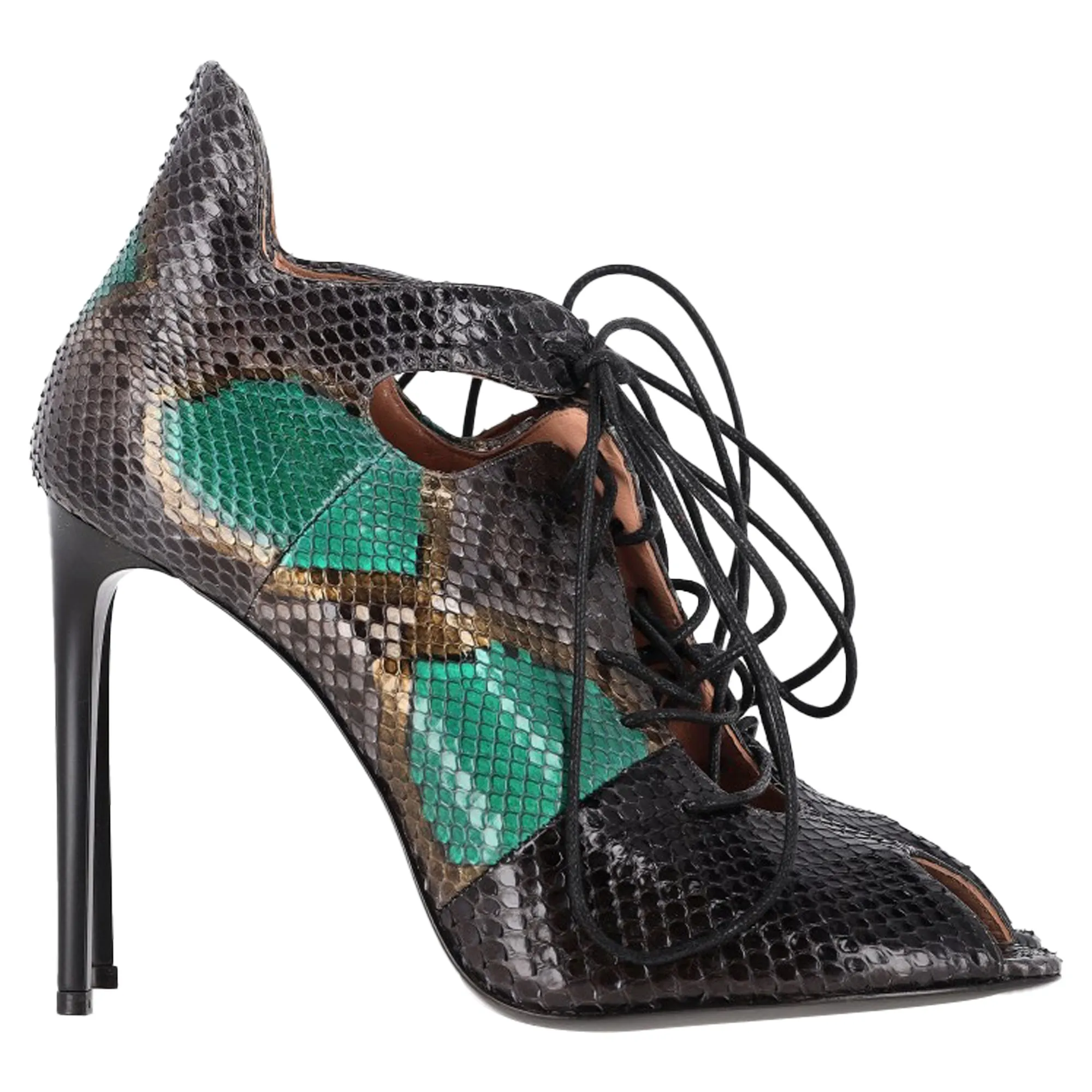 Roland Mouret Snake Print Lace Up Sandals in Green Leather