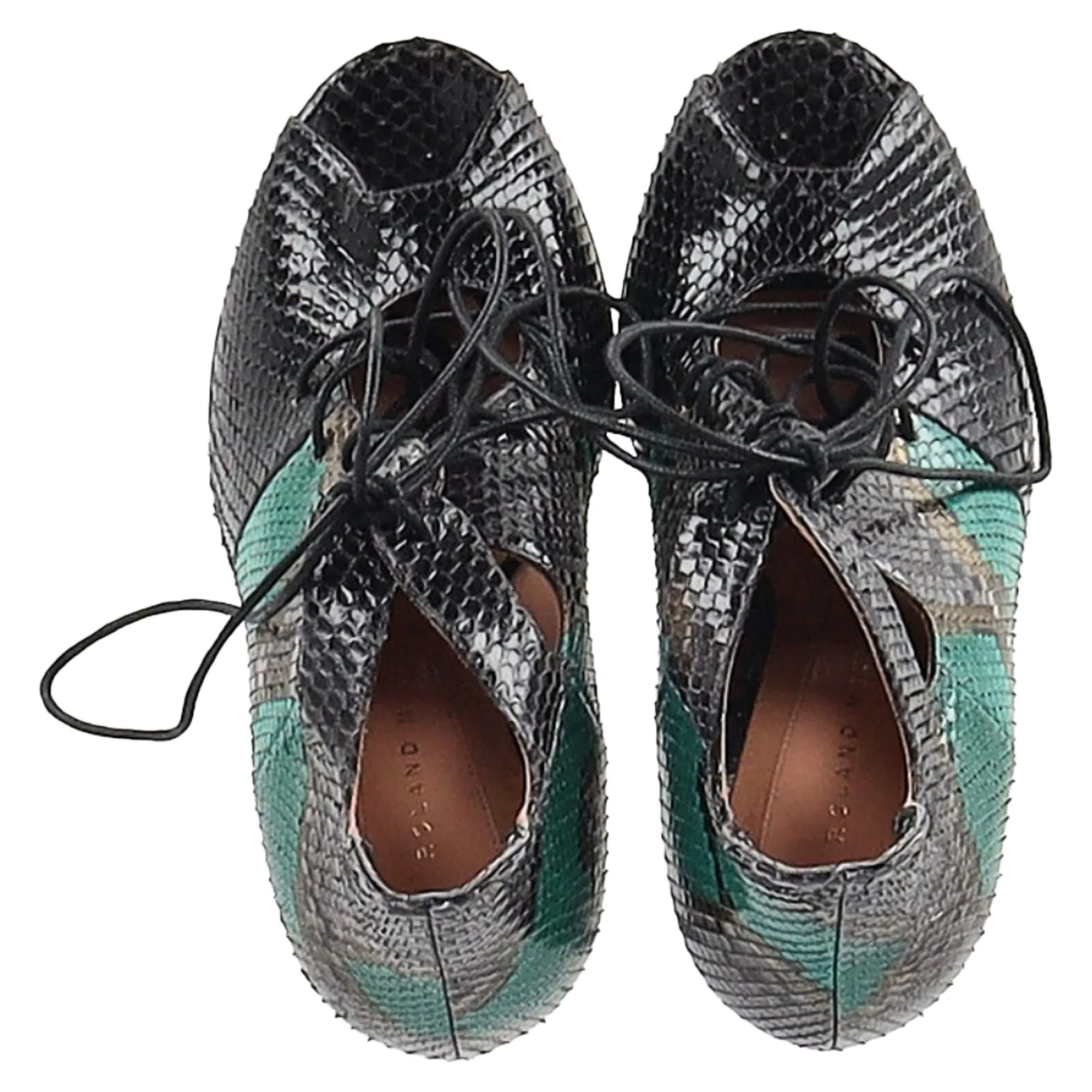 Roland Mouret Snake Print Lace Up Sandals in Green Leather