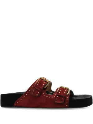 Two-Strap Suede Sandals With Bold Buckles And Studded Detailing