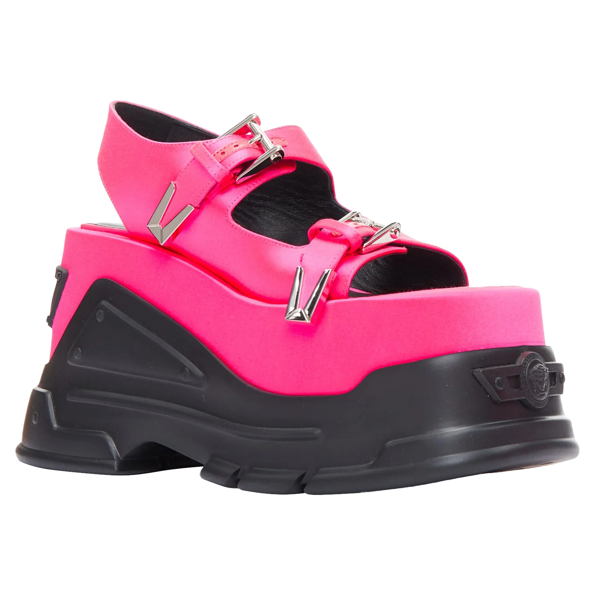 Versace Anthem Tropical Satin Platform Chunky Sandals