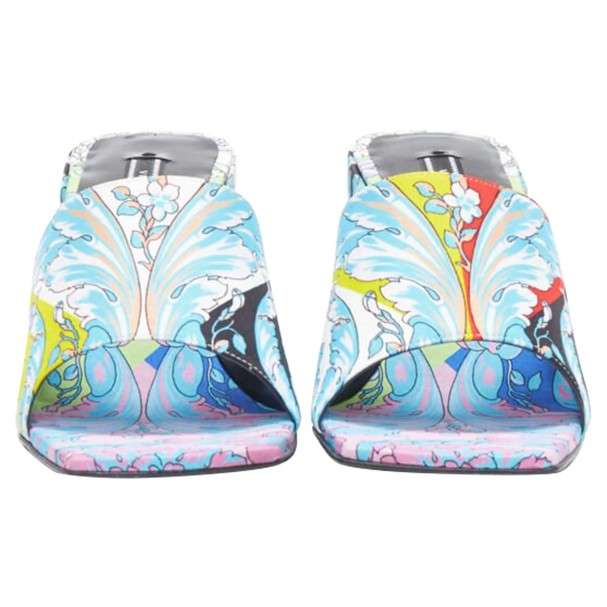 Versace Technicolor Baroque Open Round Toe Block Heel Sandals