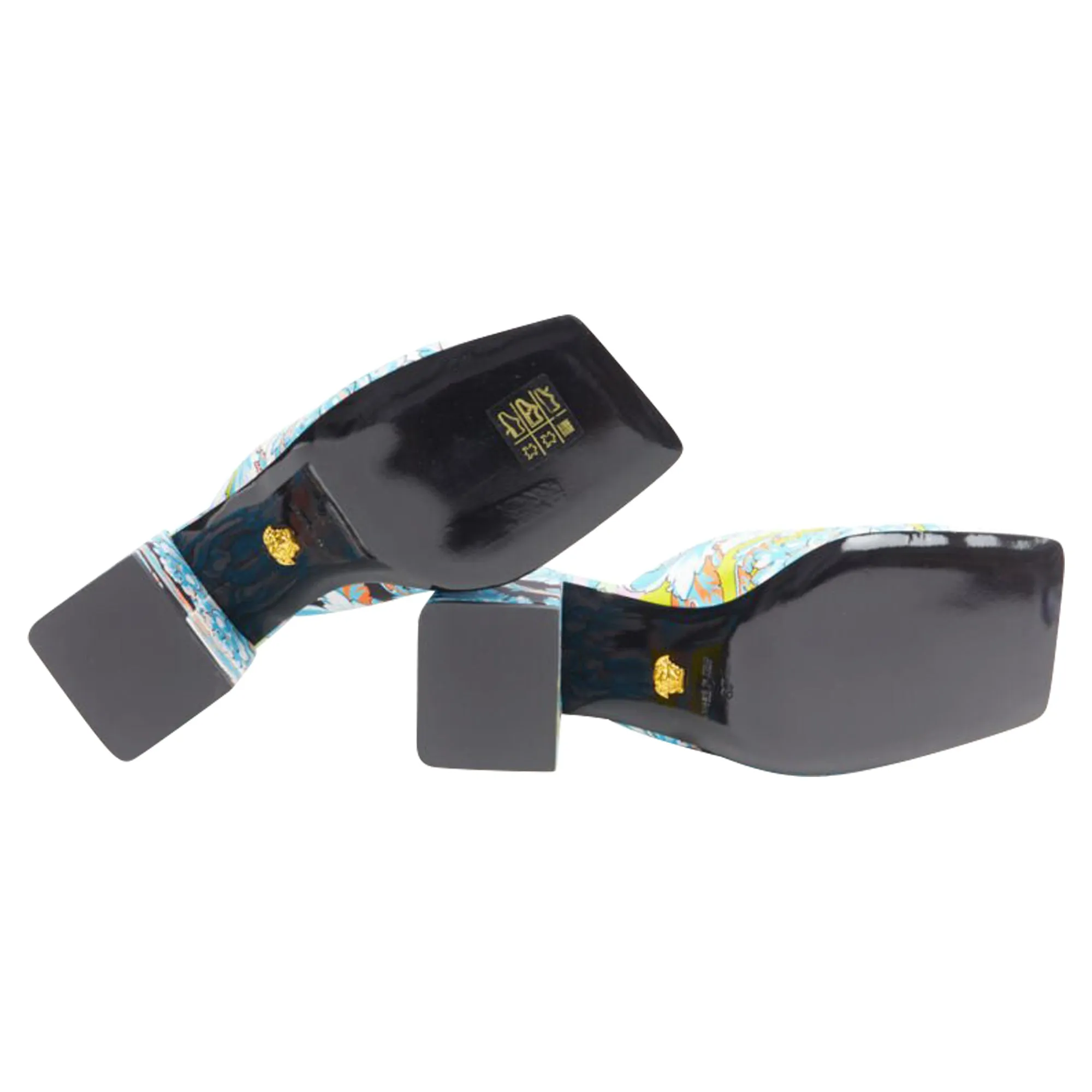 Versace Technicolor Baroque Open Round Toe Block Heel Sandals