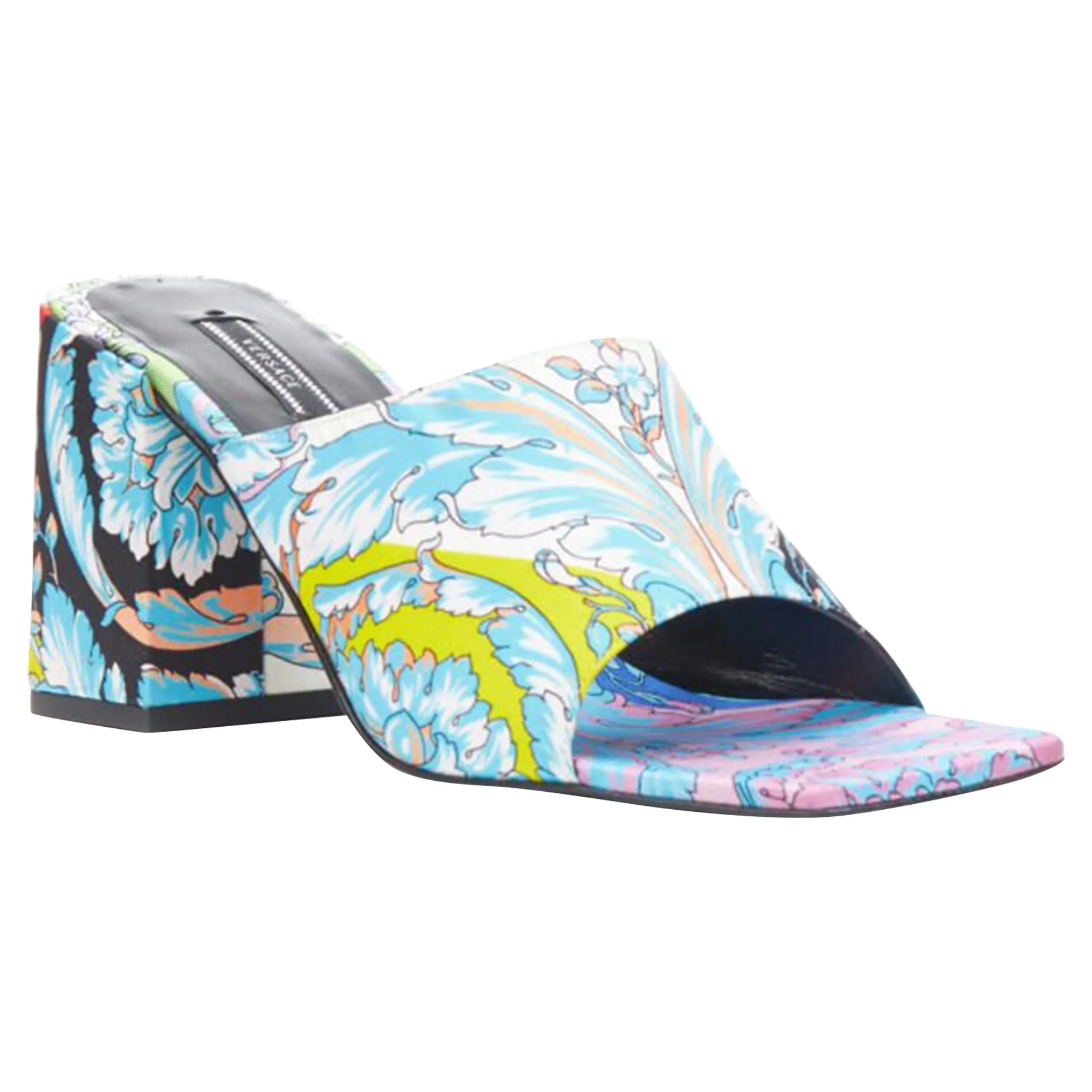 Versace Technicolor Baroque Open Round Toe Block Heel Sandals