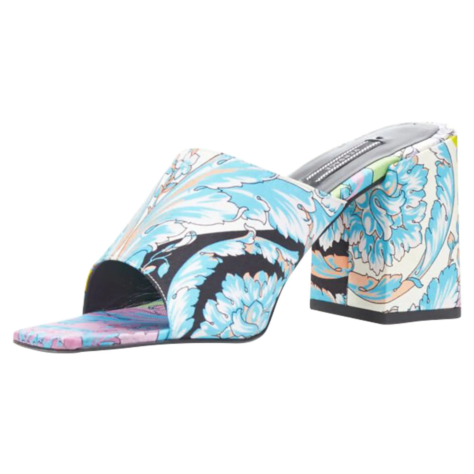 Versace Technicolor Baroque Open Round Toe Block Heel Sandals