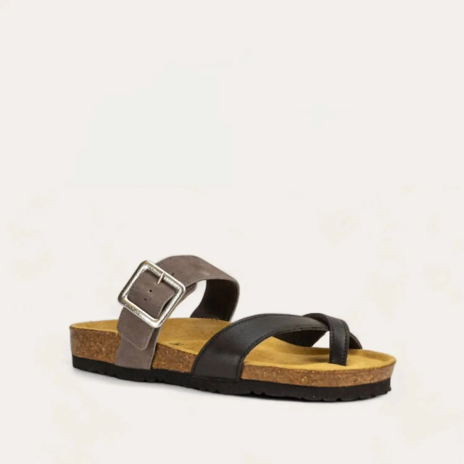 Women's Fresno Toe Loop Slide Sandal In Soft Black Leather/taupe Grey Suede