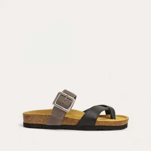 Women's Fresno Toe Loop Slide Sandal In Soft Black Leather/taupe Grey Suede