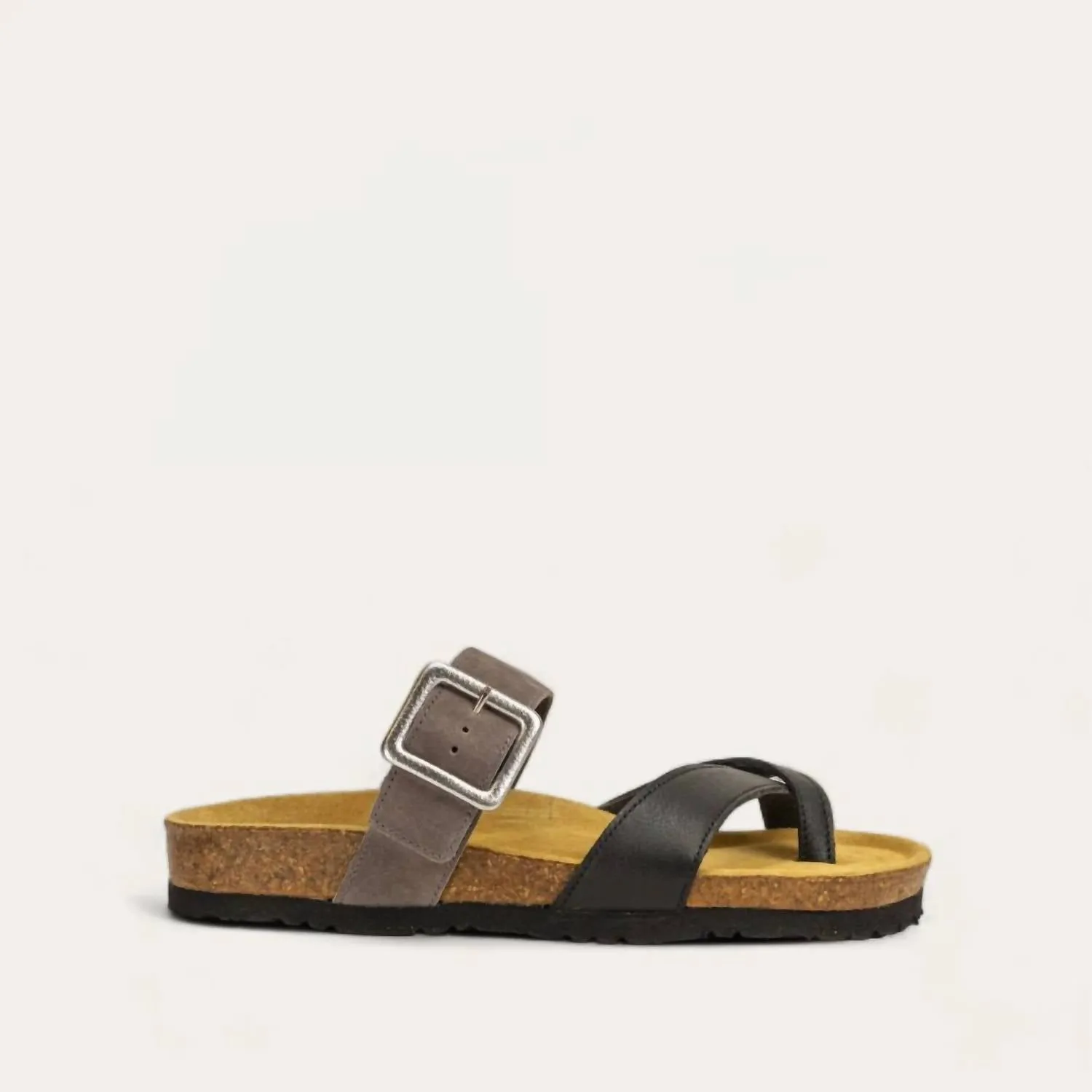 Women's Fresno Toe Loop Slide Sandal In Soft Black Leather/taupe Grey Suede