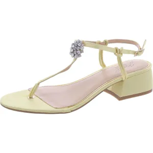 Womens Rhinestone Block Heel T-Strap Sandals